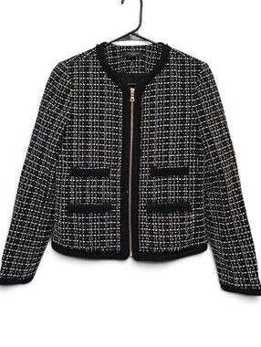 Ann Taylor Petite Boucle Tweed Blazer Black & White Full Zip Closure Size 6P